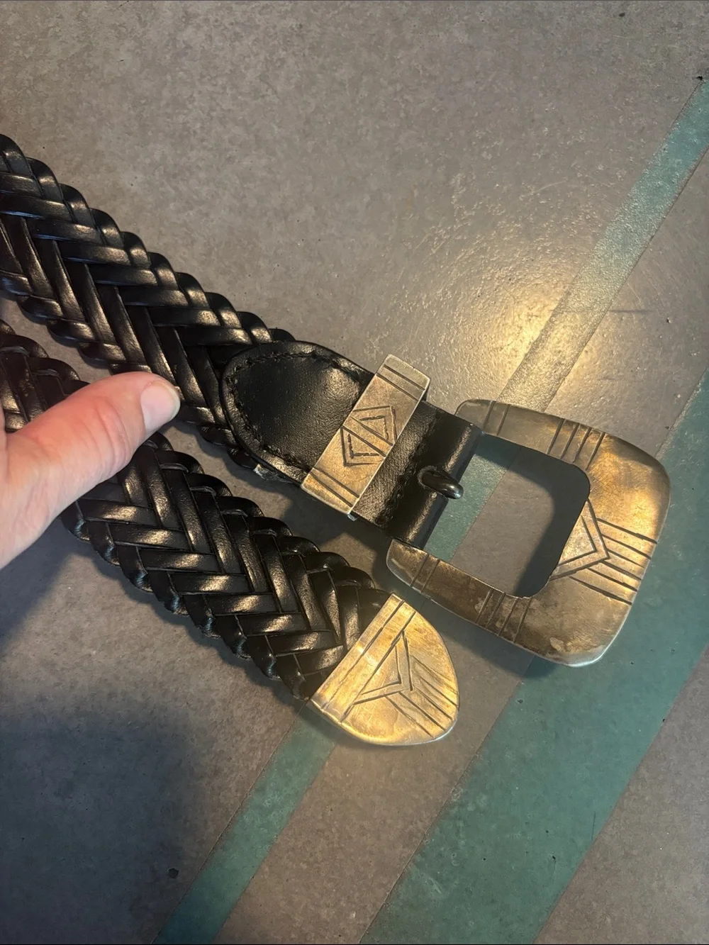 Braided Black Leather Belt with Antique Silver Buckle - Unbranded